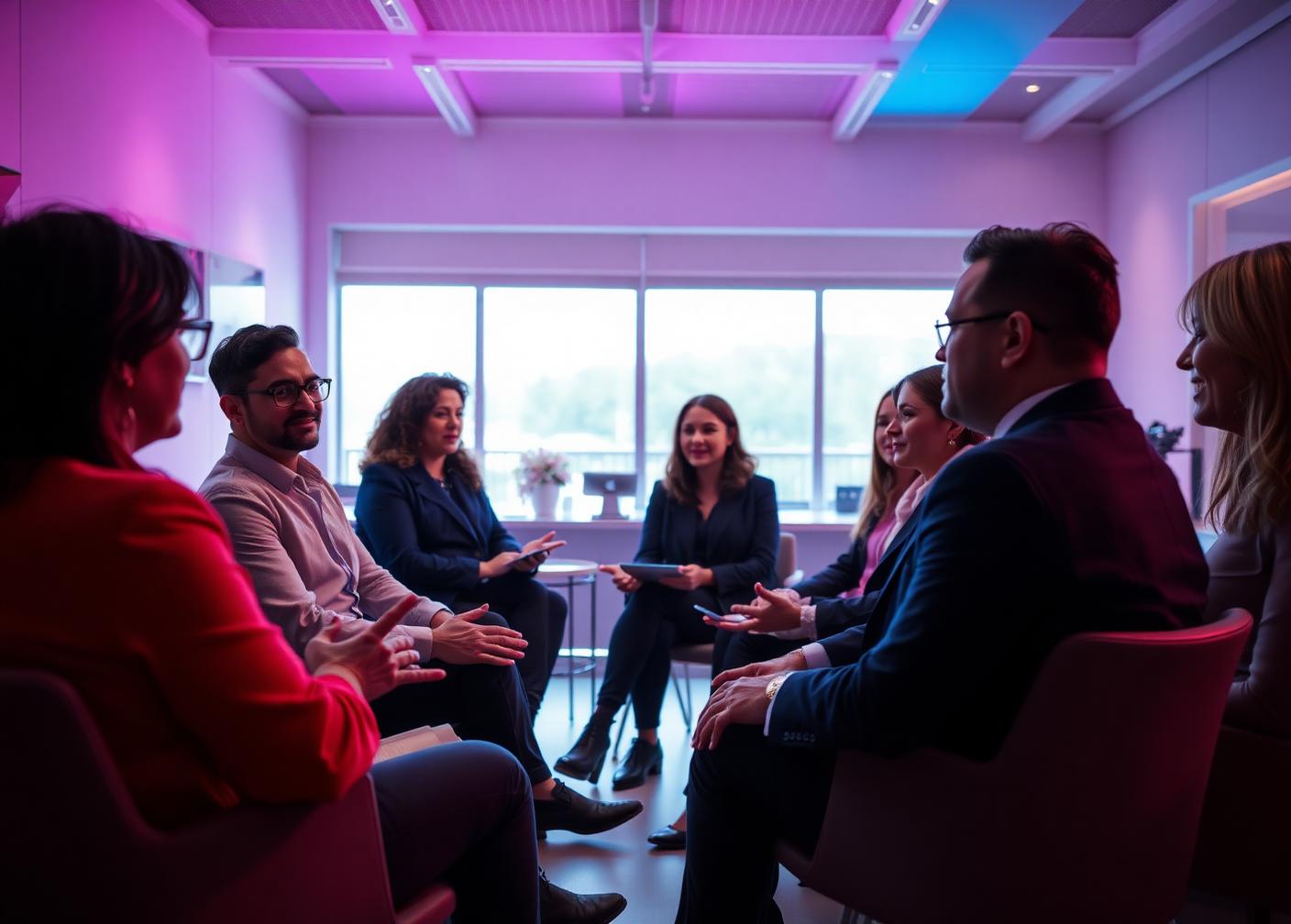 A circle of professionals in open dialogue in a bright modern room