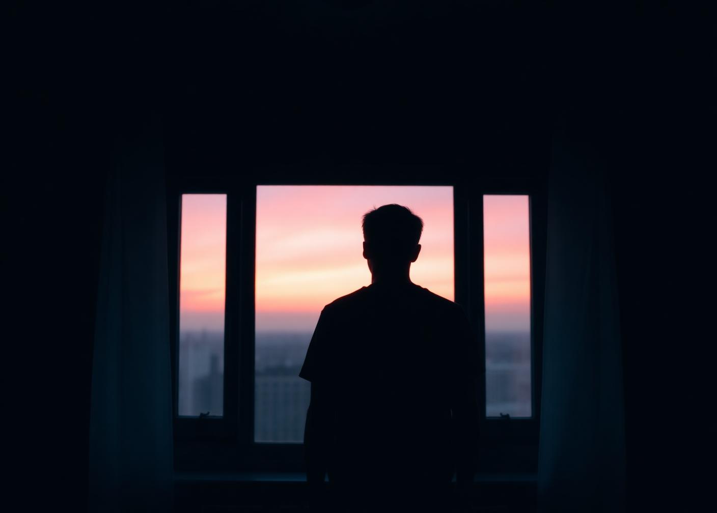 A person standing at a wide window at dawn, looking outward