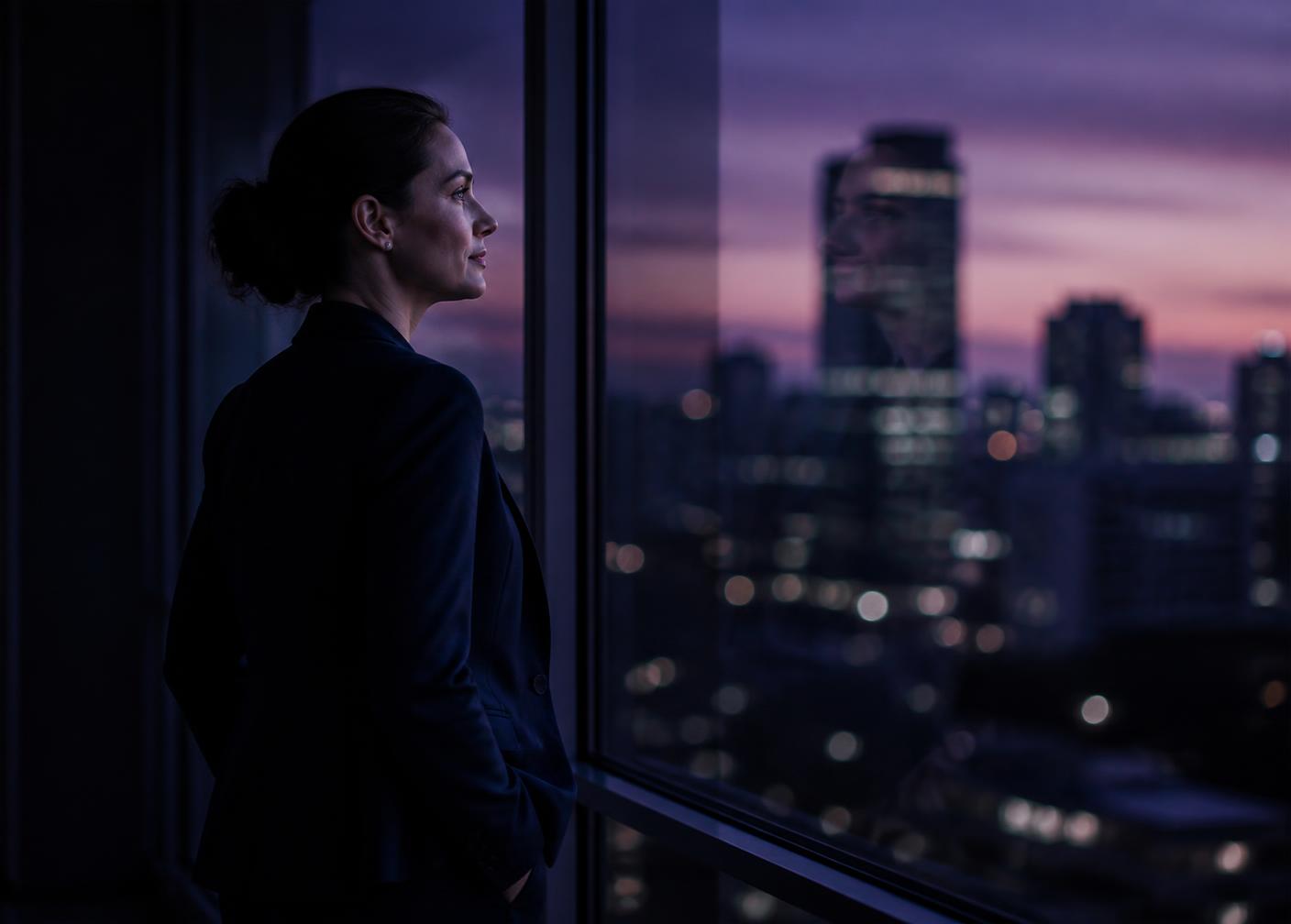 A leader standing at a window at dusk, city lights in violet and pink